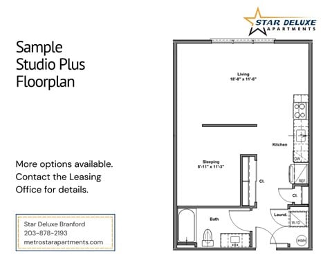 Floor plan for studio, 1 bath, 584 sqft